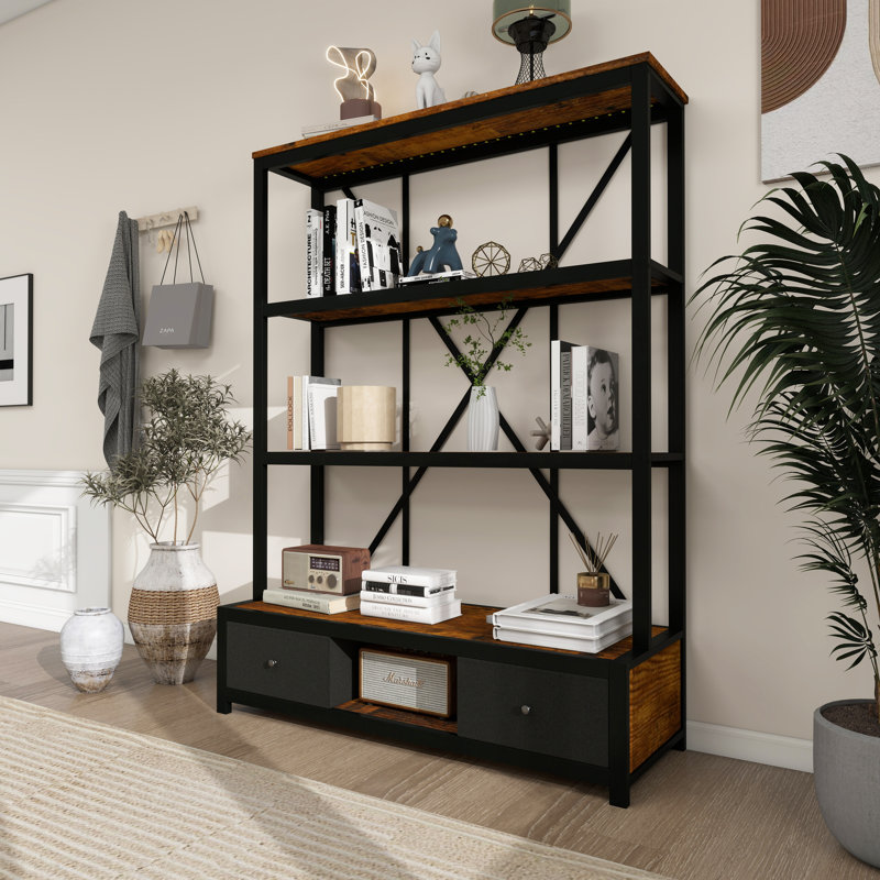 Bibliothèque à 3 niveaux avec tablettes ouvertes et 2 tiroirs de rangement, Rétro