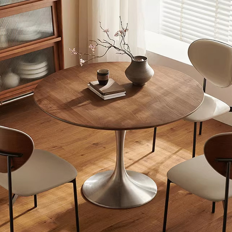 Retro-Inspired Round Solid Wood Dining Table