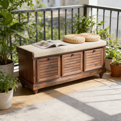 Dover Coastal Lift-Top Storage Bench With Louvered Shutter Front, Distressed Finish And Removable Cushion For Entryway, Living Room Or Bedroom