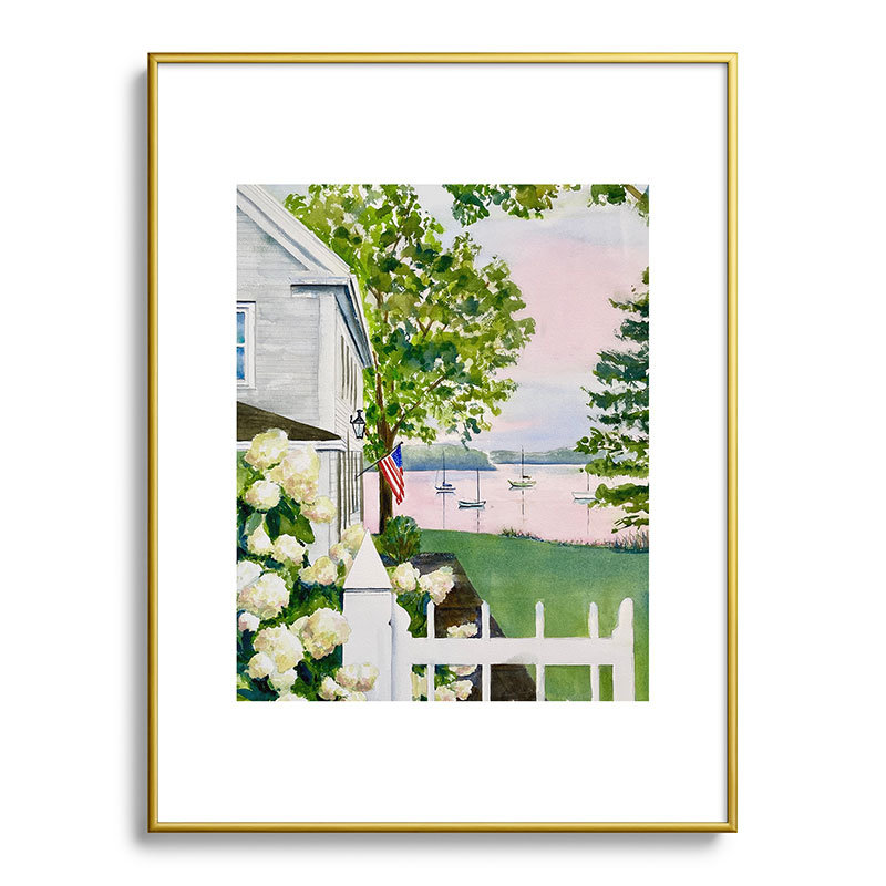 Reproduction d'art encadrée en métal Laura Trevey New England Hydrangea, Or, H 24 po x l 18 po