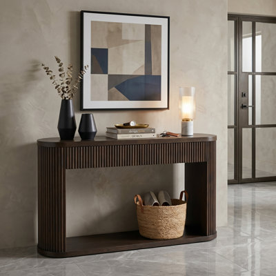 Console ovale en bois cannelé avec 2 tiroirs et tablette inférieure, glissières en métal lisse, finition espresso, pour le salon et l'entrée