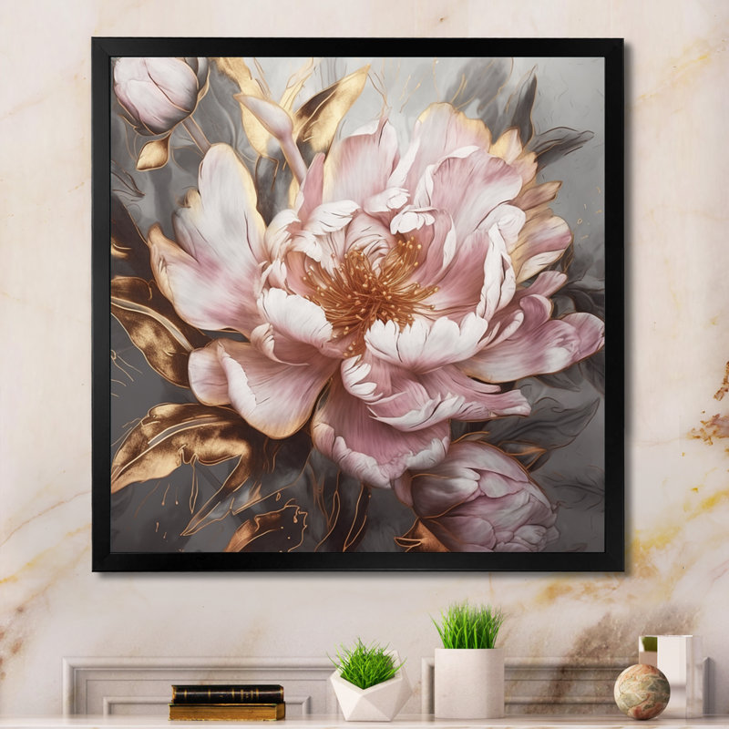 «Pink Gold Pe pivoens Petals» - reproduction d'art sur toile encadrée, Impression encadrée, H 36 po x l 36 po, Noir