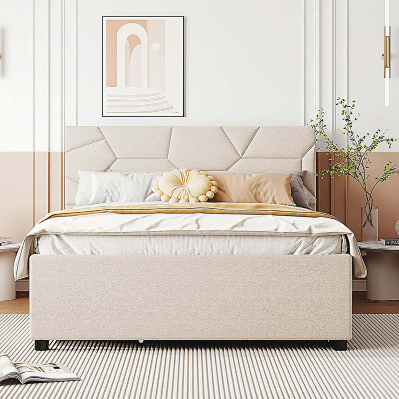 Lit plateforme tapissier double avec tête de lit à motif brique, gigogne simple et 2 tiroirs, tissu en lin, beige, Beige