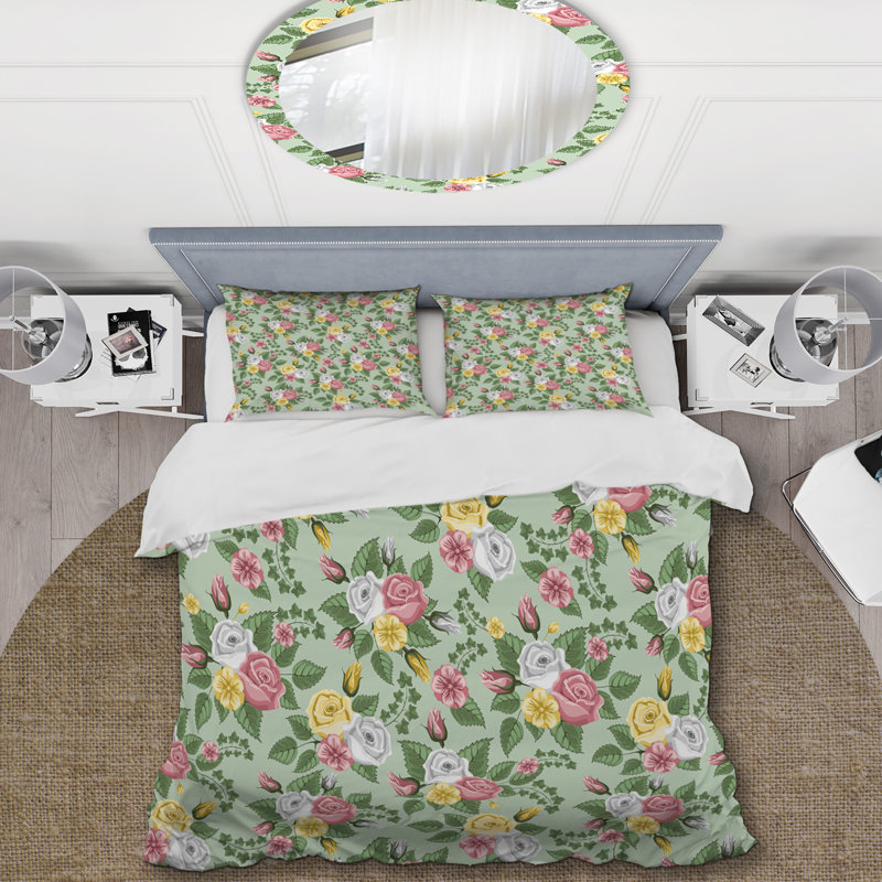 Green Leaf and Flowers - Ensemble de housse de couette floral - Polyester microfibre