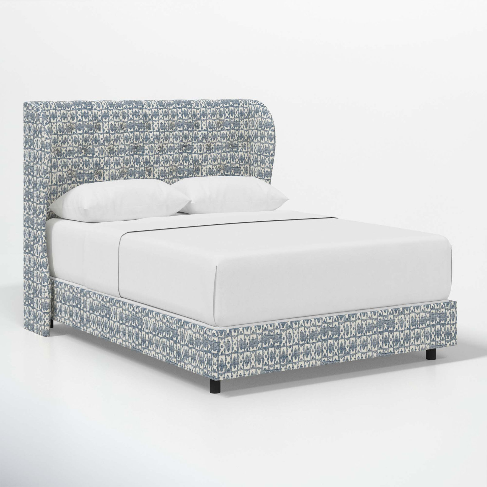 Tomey Upholstered Wingback Bed, King, Texture Block Blue