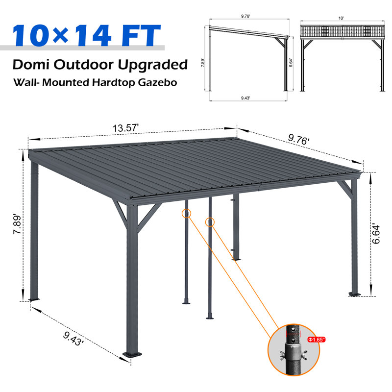 Patio Gazebo Lean to Wall Mounted Pergola with Sloping Galvanized Steel Roof, 94.68" H x 162.84" W x 117.12" D, Gray
