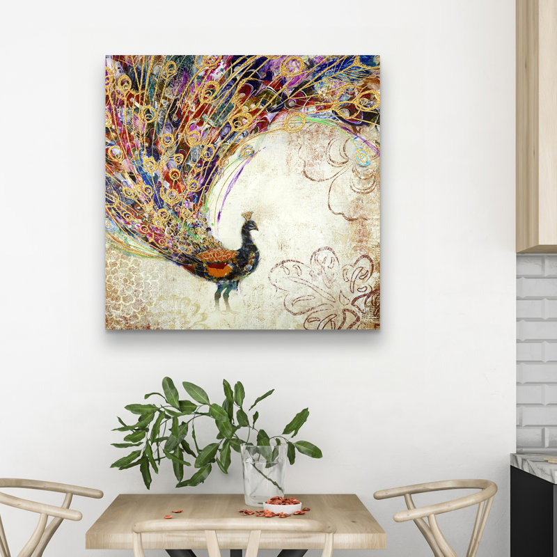 Peacock with feathers - 32"x32" art on canvas
