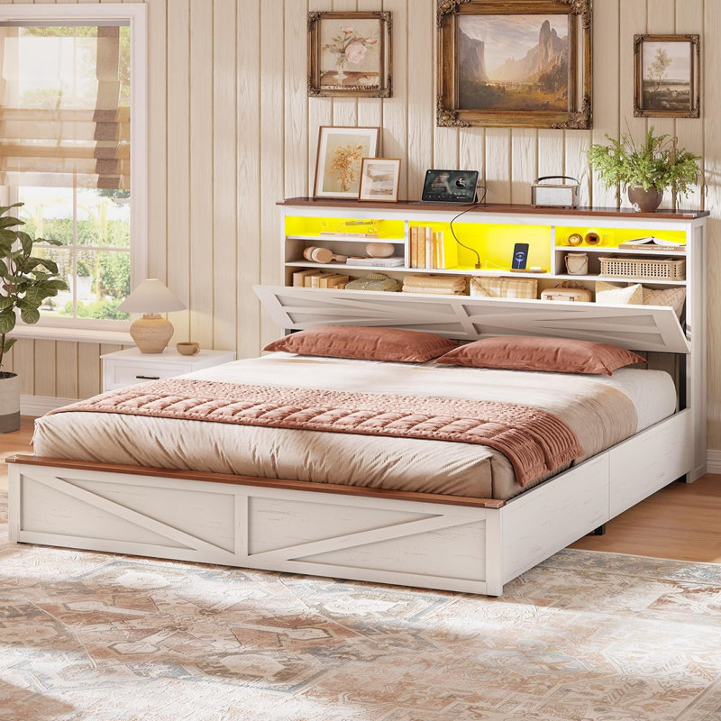 Farmhouse Full Bed Frame with Lift-Up Storage, 3-Tier Bookcase Headboard & LED Lights, White, Full, White