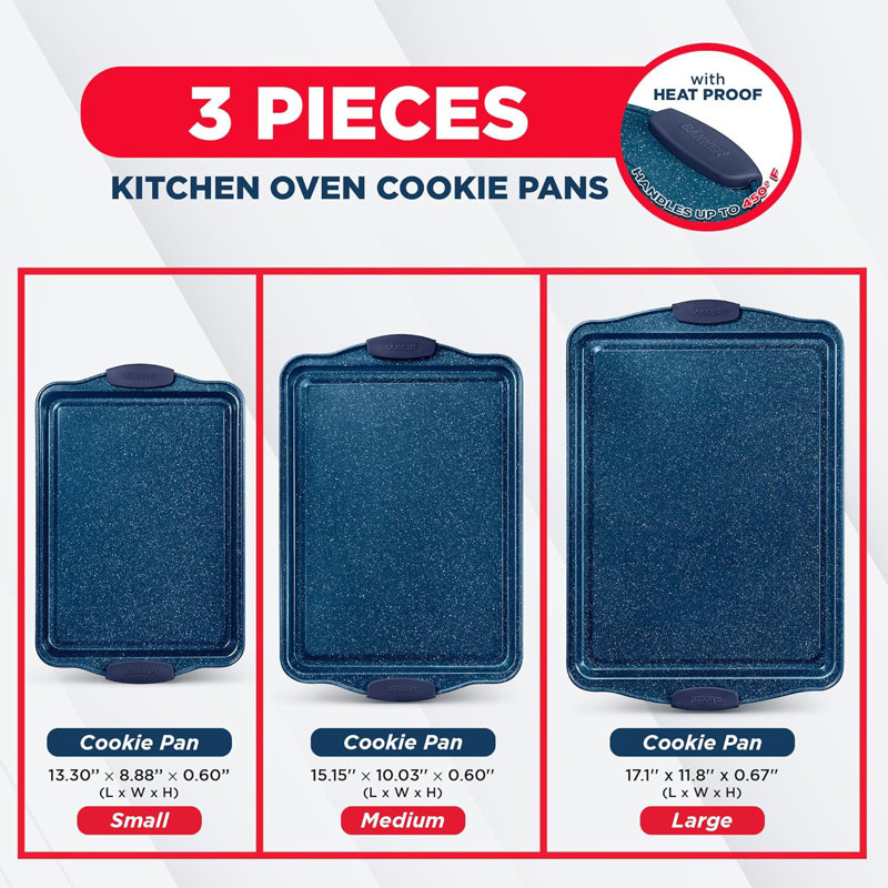 Bakken 3-piece Nonstick Baking Pan Set – Carbon Steel Bakeware With Blue Silicone Handles, Oven Safe 450°f, Pfoa-free