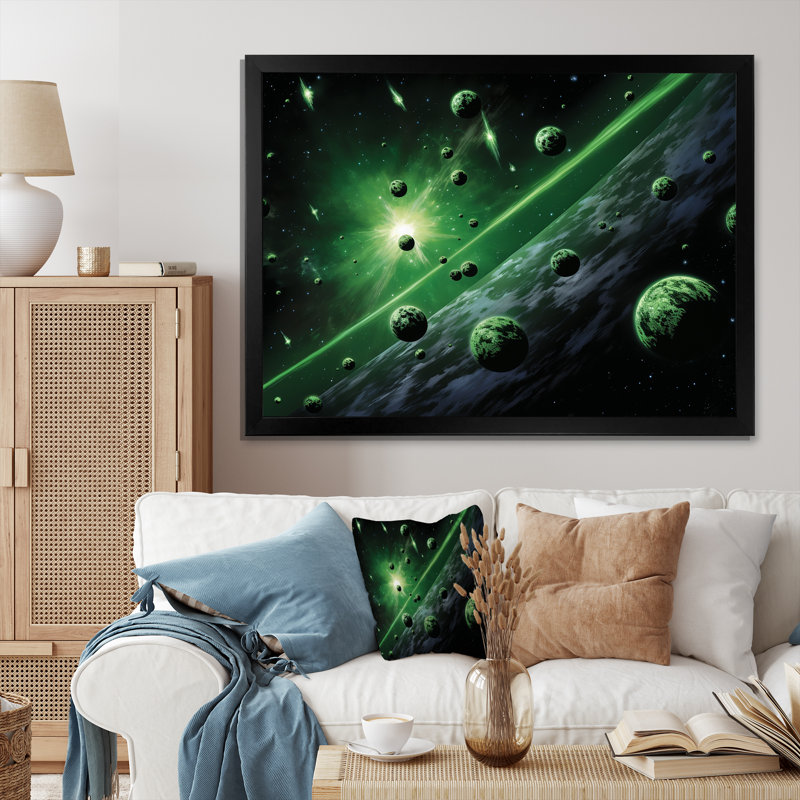 Green And White Cosmos Explosion II - Space Planet Wall Art, Gold Closed Corner Framed, 30" H x 40" W x 1.5" D
