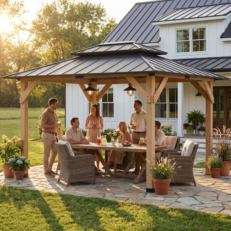 10x12 FT Solid Wood Outdoor Gazebo, Heavy Duty Metal Party Tent with Double-Tier Ventilated Roof, Suitable for Deck, Lawn