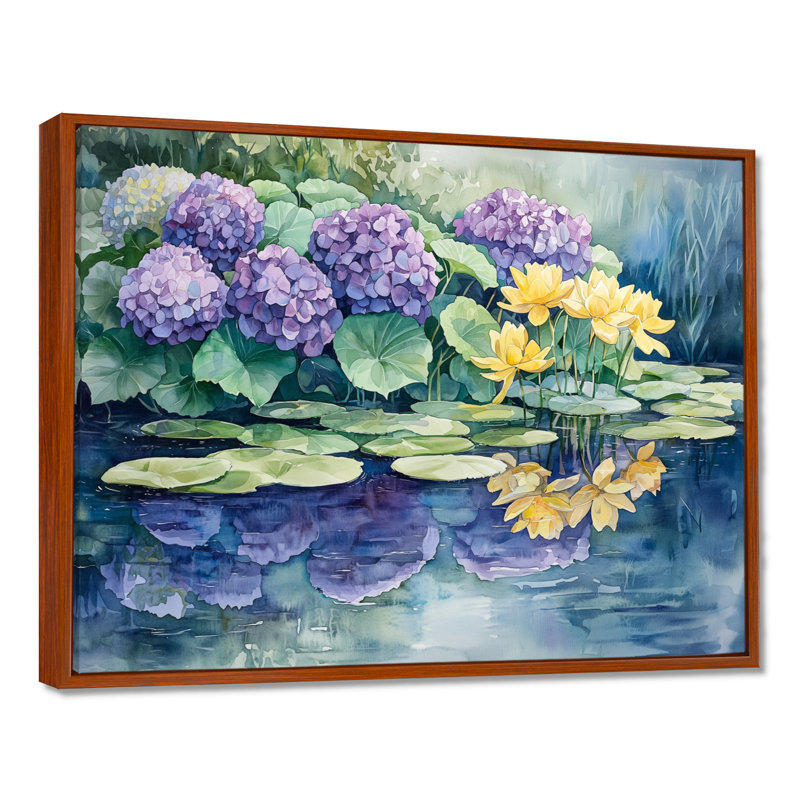 Imina hortensias et lys par le lac II - hydrangées grand art mural, H 16 po x l 32 po, Floater Framed, Brun