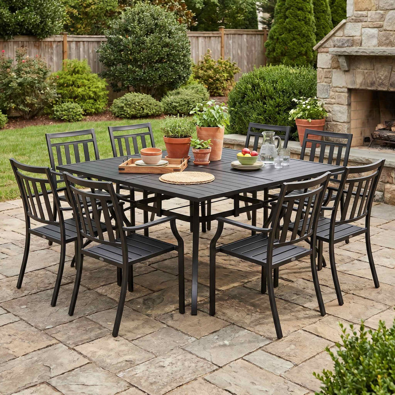 8-Seat Outdoor Patio Dining Table, Built-In Umbrella Hole & Weather-Resistant Anti-Fade Finish, Rust-Proof Reinforced Frame, Fits Porch, Backyard Lawn