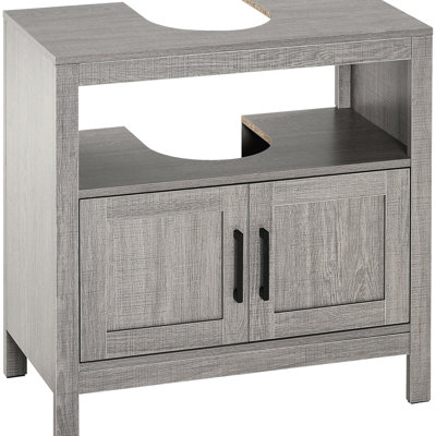Meuble-lavabo gris avec 2 portes et tablettes de rangement sous une étagère ouverte
