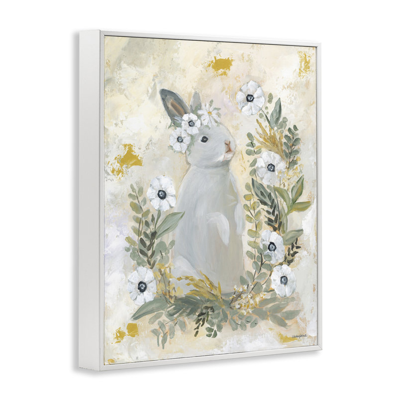 Lapin aux fleurs blanches, estampe numérique par Mackenzie Kissell, Giclée encadrée blanc bord de mer, H 14 po x l 11 po