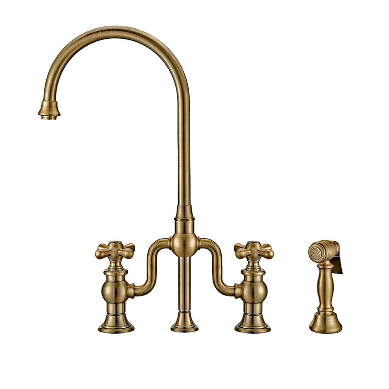 Whitehaus Collection Bridge Faucet with Gooseneck Swivel Spout and Solid Brass Side Spray, Antique Brass, Cross Handle
