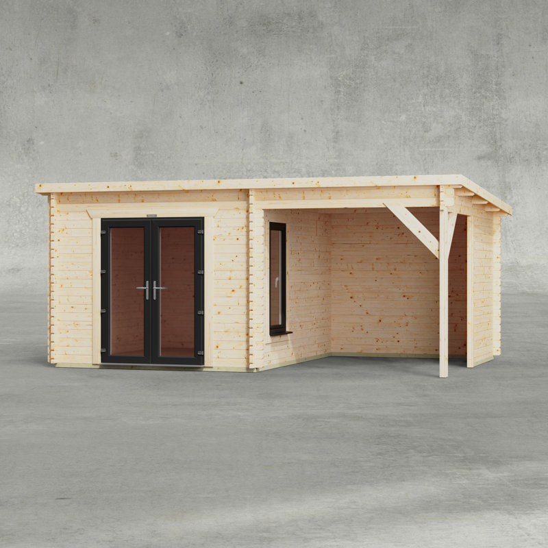 Powersheds 18 x 12ft Pent Canopy Log Cabin, Double doors - 44mm