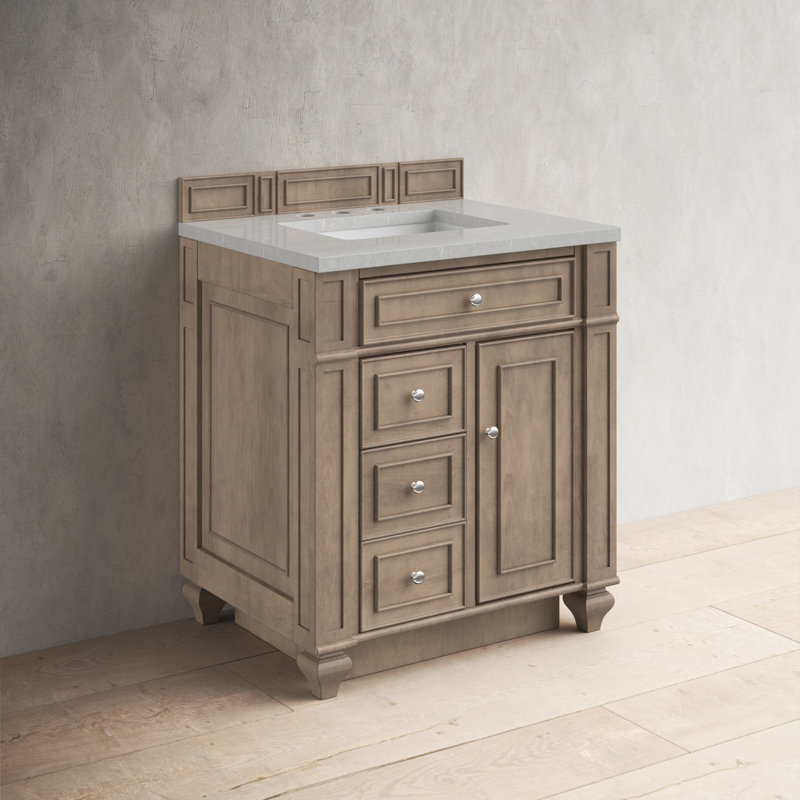 Bristol 30'' W Single Vanity, Carrara White, 8" Widespread, Whitewashed Walnut