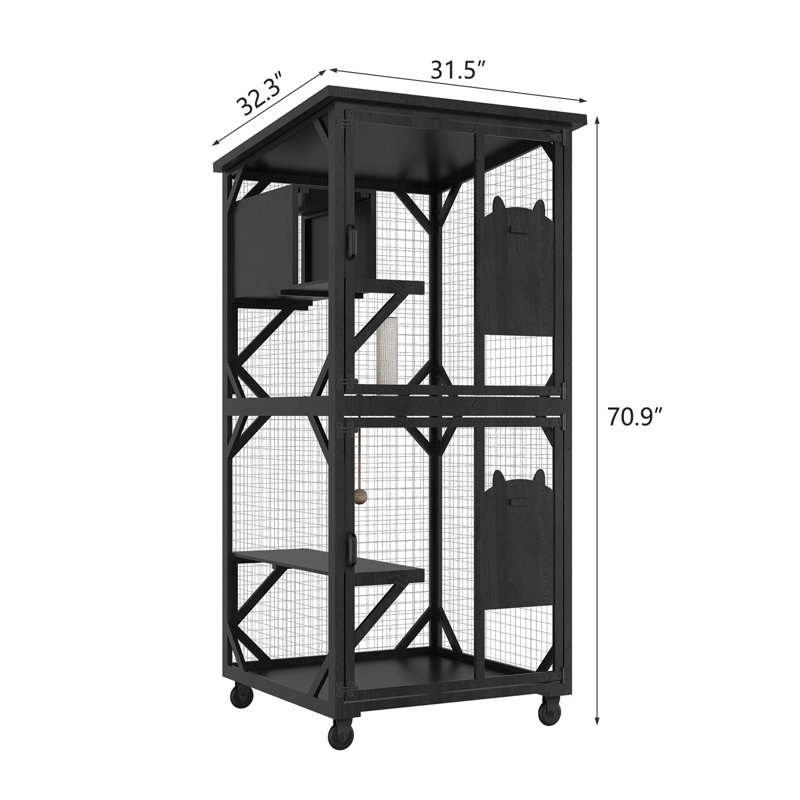 Grand enclos extérieur pour chat en métal avec plateformes et hamacs, noir, 70.1"W x 21.65"D x 61"H, Noir