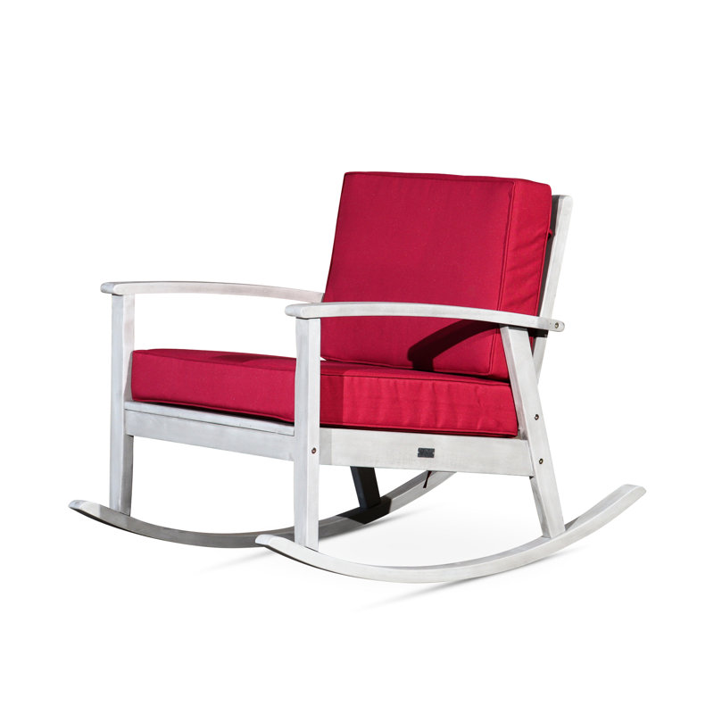 Chaise berçante en eucalyptus avec coussins de couleur bourgogne, garnitures berçantes gris argenté, Perspectives, Bourgogne