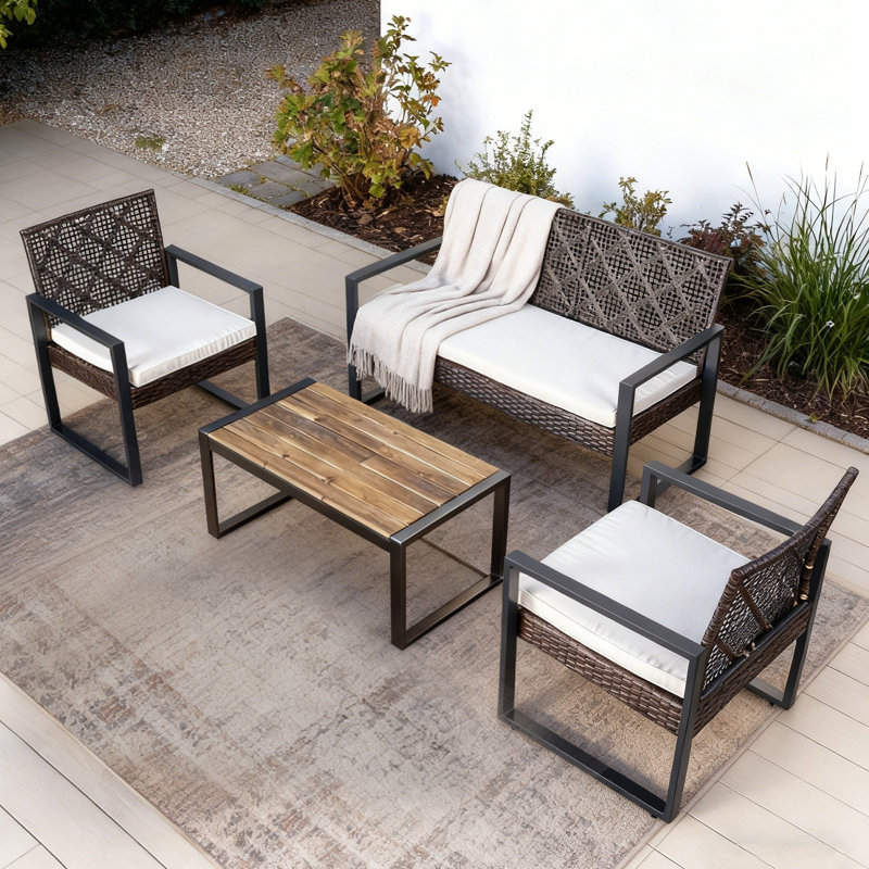 4-Piece Wicker Patio Conversation Set with Coffee Table, Beige Cushion, Morden Brown Rattan