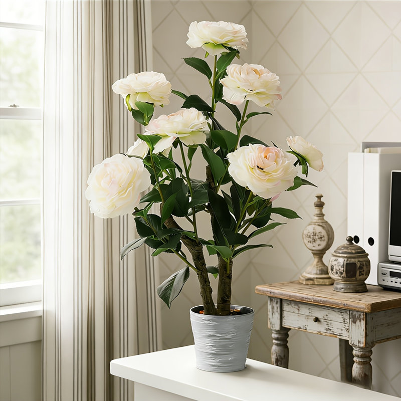 20" Artificial Camellia Tree With Realistic Flowers, Faux Bonsai Tree In Decorative Pot, 18" x 5.91"