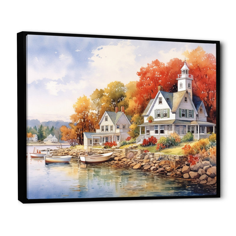Connecticut's Lake Village Charm I, reproduction d'art sur toile, H 12 po x l 20 po x P 1 po, Cadre flottant noir