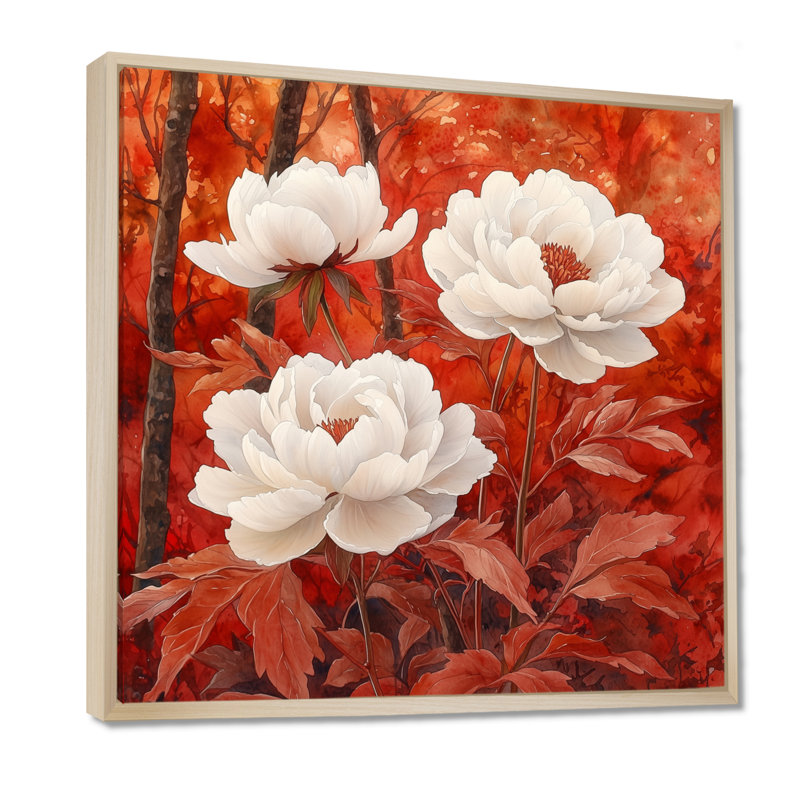 Pivoines et érable rouge - pivoines, art mural, H 16 po x l 16 po, Impression encadrée flottante, Crème, crème