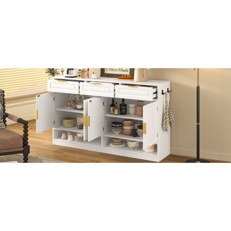 U-Style Farmhouse Sideboard With 3 Drawers & 4 Doors,59.1" Multi-Functional Storage Buffet With Adjustable Shelf And Open Storage Compartments, Suitable For Dining Room, Living Room, Entryway.
