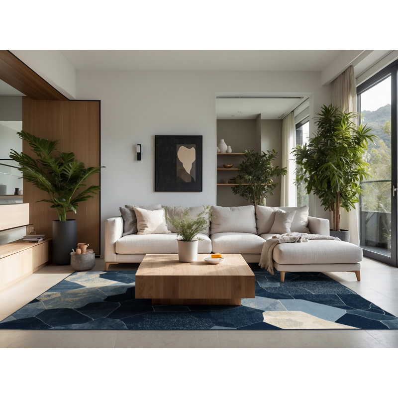 Soft Plush Eickhoff Modern & Contemporary Abstract Area Rug in Blue – Navy Binding, 5' Square