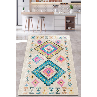 Ecru Hall Carpet (3.3 x 6.6 ft), 100% Polyester, Antibacterial, 0.4 in Pile Height | Non-Slip Underside, Machine Washable, Easy Care | Perfect for Living Room & Entryway, Soft and Durable Design