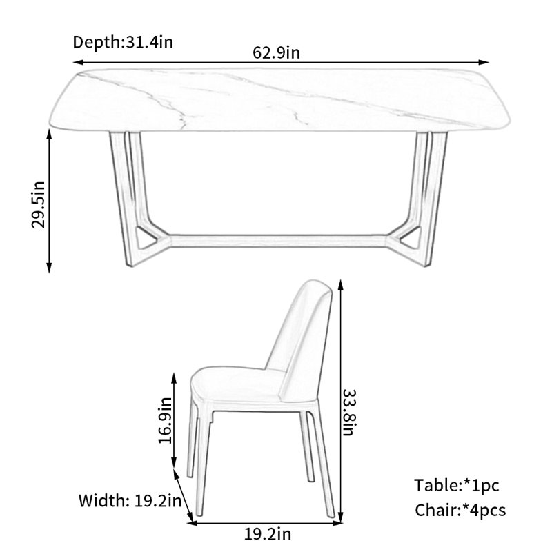 Modern Solid Wood Rock Plate Dining Table Chair 4 - Person Trestle Dining Set, 29.5"H x 62.9"L x 31.4"W