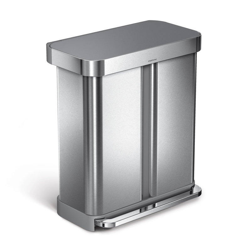 Simplehuman 58L recycling rectangular pedal bin with grey plastic lid, brushed stainless steel