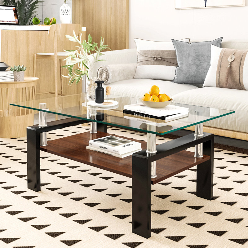Table basse rectangulaire avec plateau de rangement en verre trempé et panneau de fibres à densité moyenne Fraiya