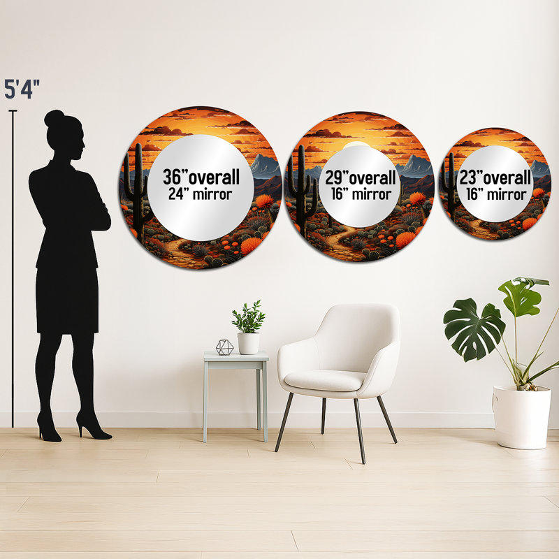 Yellow Green Cactus Desert Sunset Saguaro - Cactus Unique Wall Mirror Decor, Traditional Large Round Mirror, Printed Metal Art