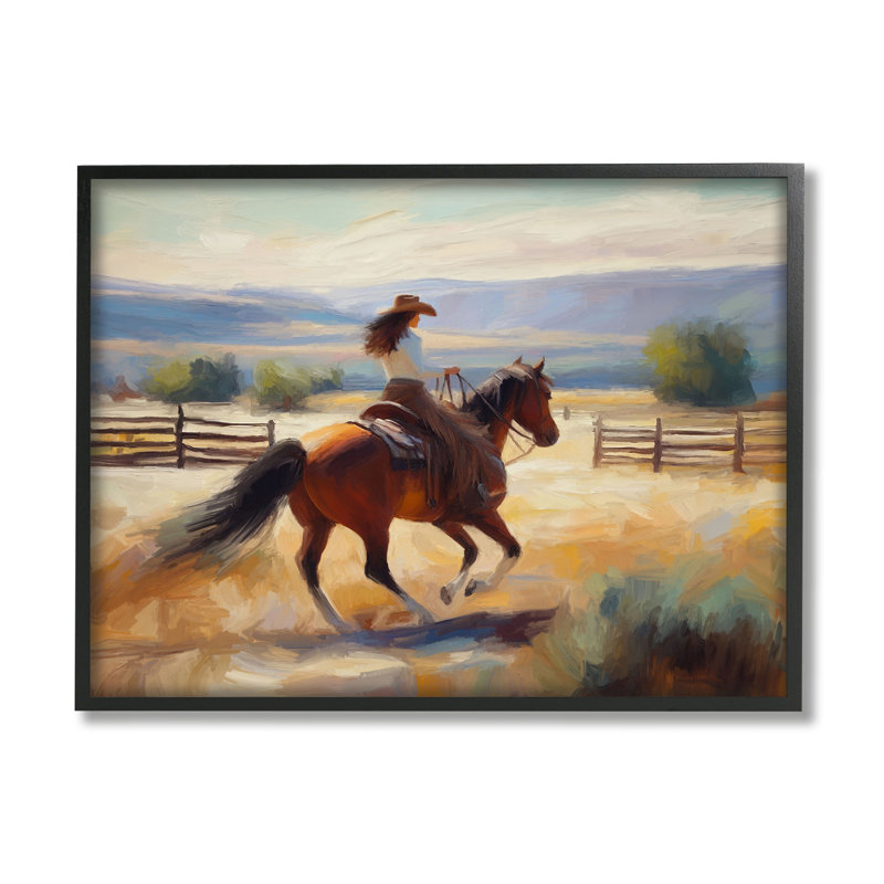 «Galloper Cowgirl Landscape» par Ramona Murdock, reproduction d'art sur toile, Giclée encadrée noir minuit