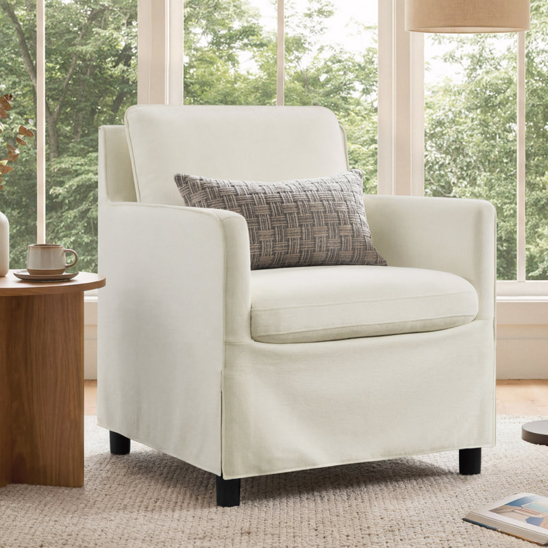 Fixed Sculptural Armchair with Weighted Base and Clean Lines, White Linen Polyester