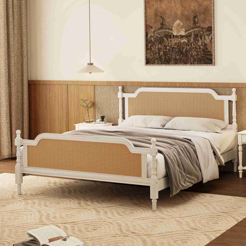 Cadre de lit très grand en rotin de style traditionnel, aucun sommier nécessaire, blanc antique, Très grand lit, Blanc