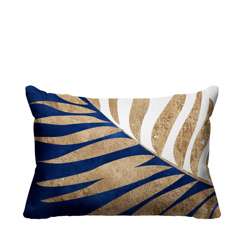Coussin lombaire intérieur / extérieur Pom Fern, Bleu marine / or / blanc
