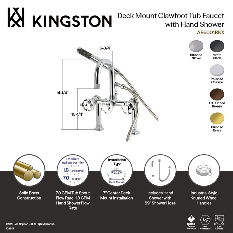 Kingston Brass Webb Three-Handle 2-Hole Deck-Mount Clawfoot Tub Faucet With Knurled Handle And Hand Shower, Brushed Brass