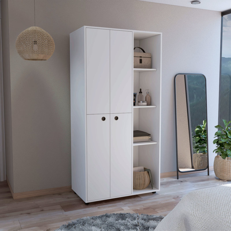 Wardrobe Armoire With Double Door, Drawer, Hanging Rod, And Open Shelves, White