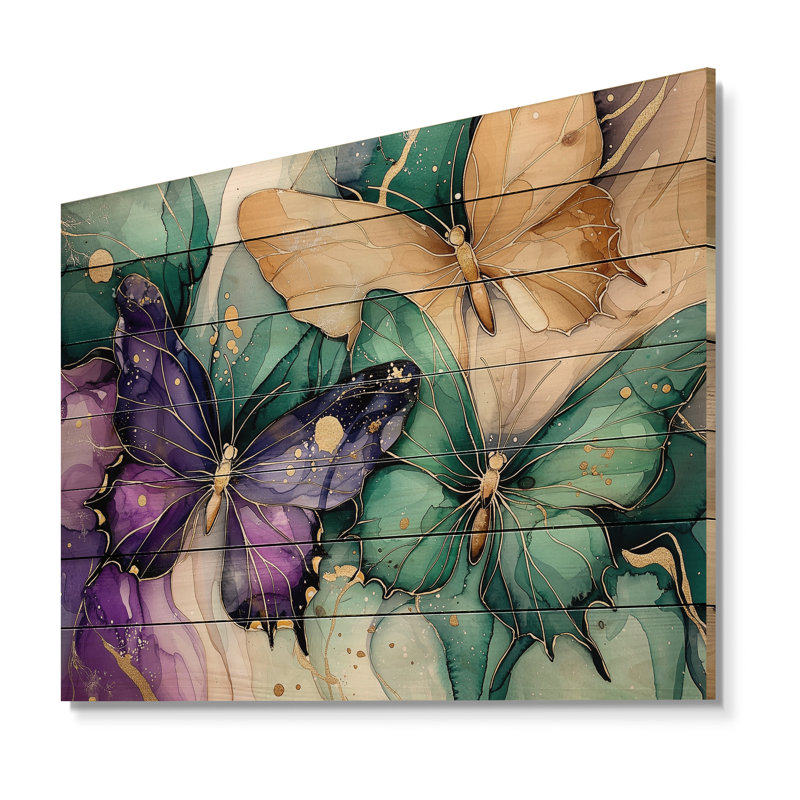 Émeraude et papillon mauve Composition II - Art mural moderne sur bois de pin naturel, H 30 po x l 40 po