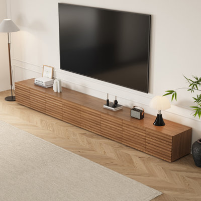 141.73 Inch Mid Century Modern TV Stand, Extra Long Fluted Wood Media Console with 4 Storage Drawers, Low Profile Walnut Entertainment Cabinet for Living Room, Minimalist Closed Storage Television Cabinet