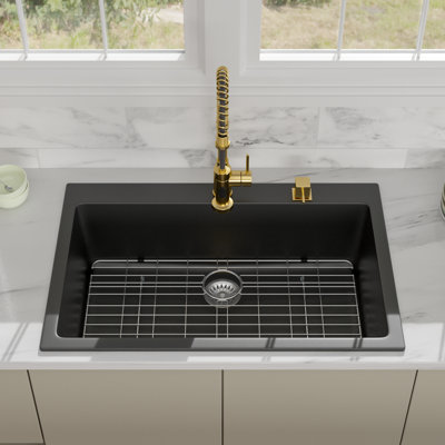 33" Granite Kitchen Sink Drop In Topmount Black Quartz Classic