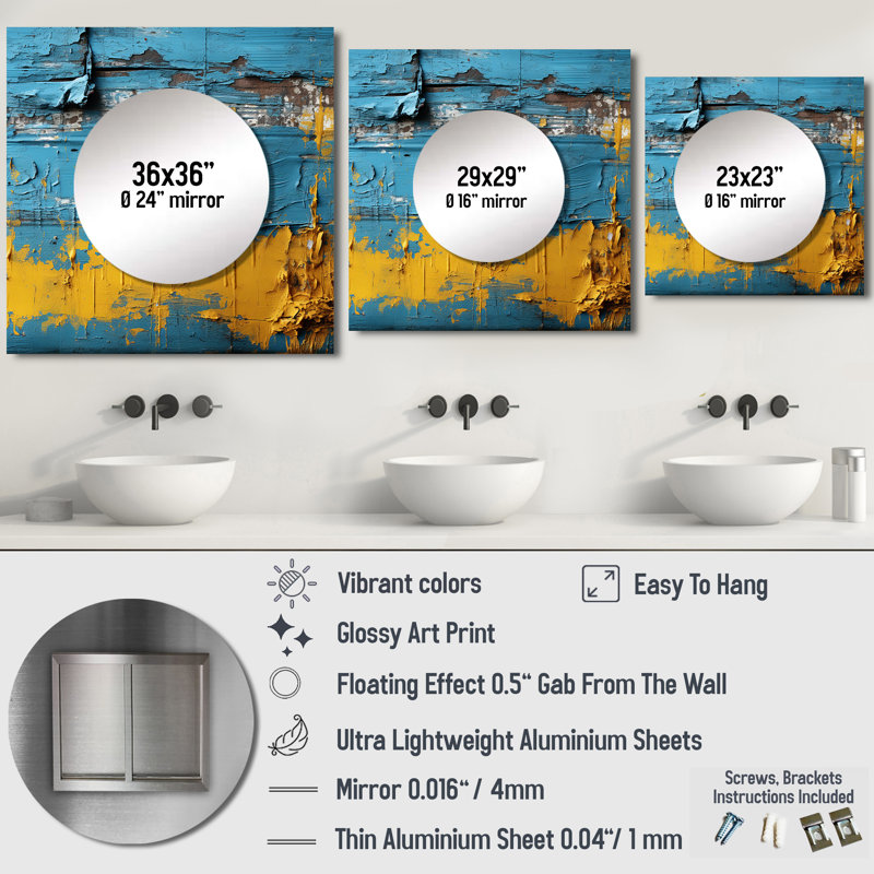 Echos d'Ukraine rétro bleu et jaune - grand miroir carré transitionnel pour décoration murale, 23 po x 23 po