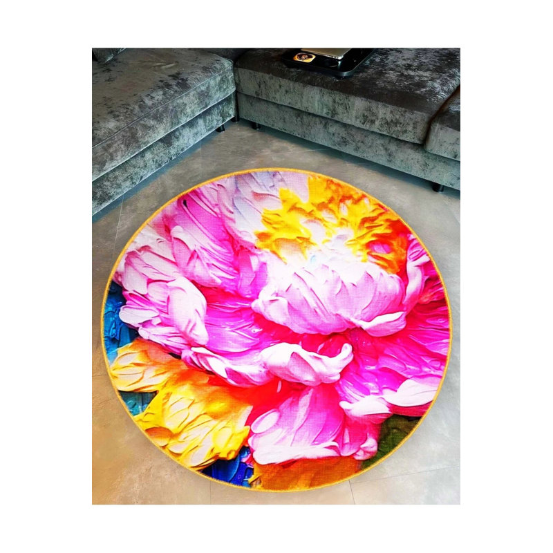 Multicolored Floral Detailed Woven Base Modern Decorative Carpet, Round 3'4"