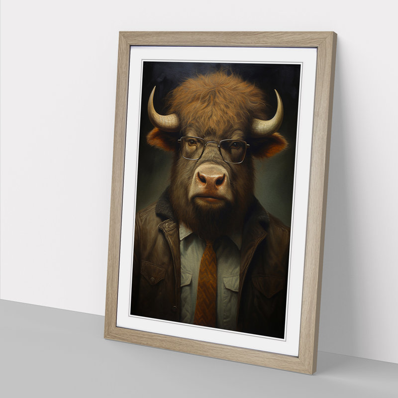 Bison With Glasses Painting - Single Picture Frame Print on Wood, 34cm H x 25cm W x 2cm D, Oak Framed