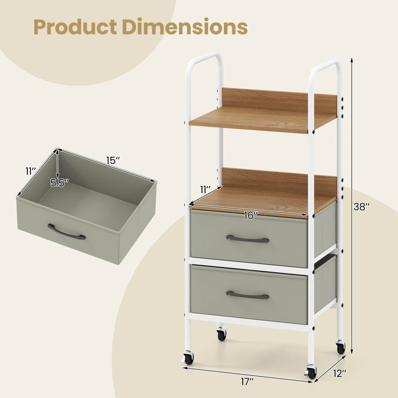 1 chariot de rangement utilitaire roulant PCS avec 2 tablettes ouvertes et 2 tiroirs en tissu pour la chambre à coucher