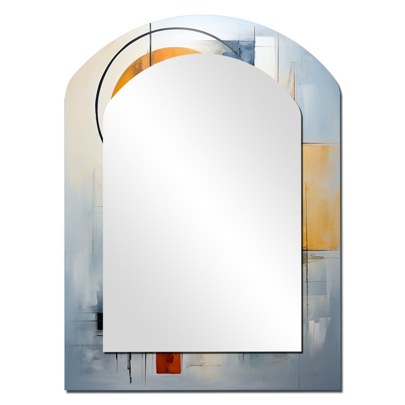 Orange et bleu cubisme Assemblage I - miroir mural cubique en arc, miroir décoratif asymétrique moderne, impression d'art en métal