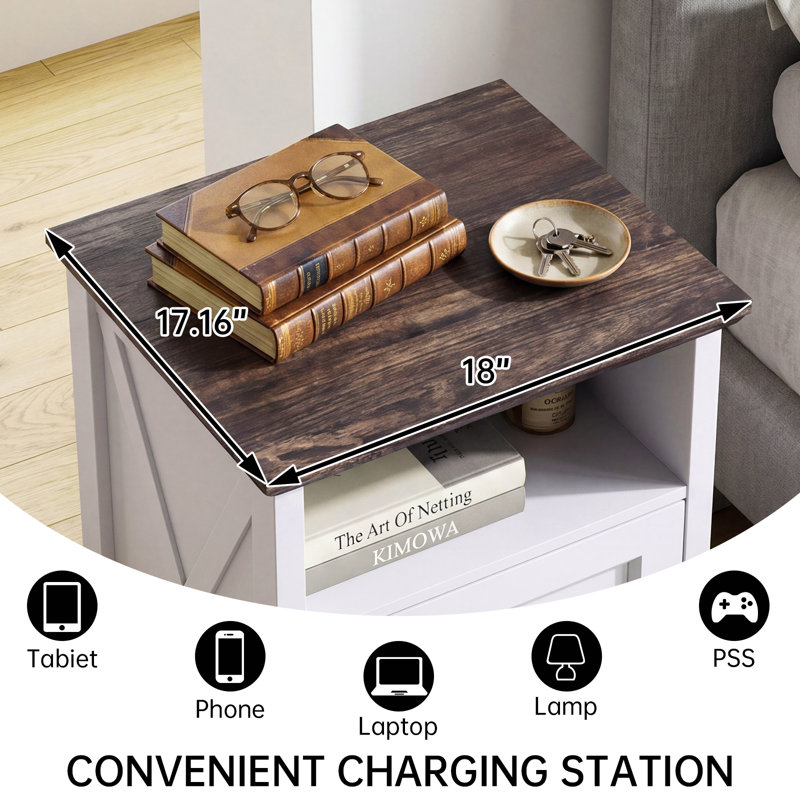 25.6" Tall Farmhouse Nightstand With Charging Station, Wood End Table Dresser With 2 Drawers, Built-In Outlets, White